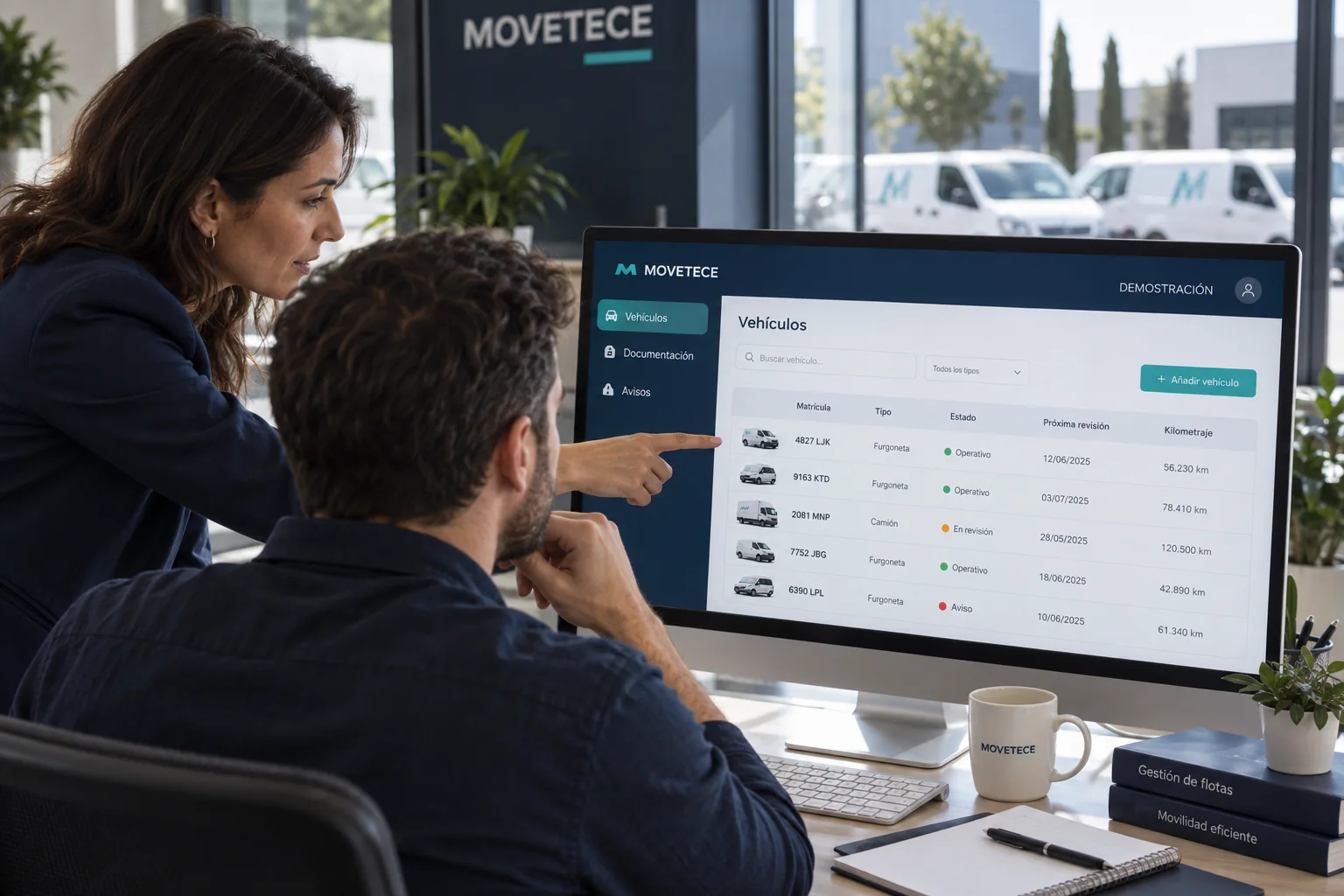 Equipo de una empresa con varias sedes consultando una pantalla ilustrativa de MOVETECE en un monitor de oficina