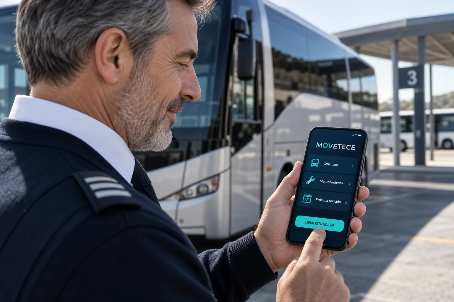 Profesional del transporte de pasajeros consultando en su móvil una pantalla ilustrativa de MOVETECE junto a un autobús