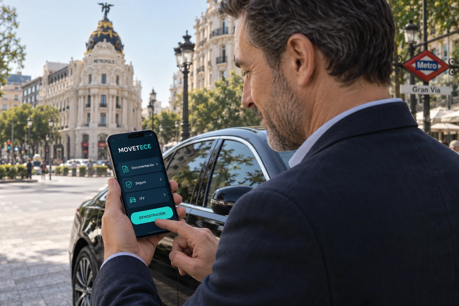 Profesional de taxi o VTC consultando en su móvil una pantalla ilustrativa de documentación en MOVETECE